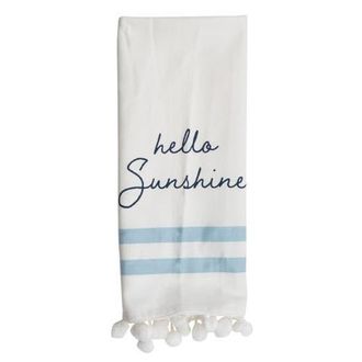 Foreside Home And Garden Hello Sunshine Handsewn Pom Poms Kitchen Dishtowel in White at Nordstrom