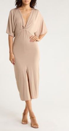 Go Couture Flutter Sleeve Midi Dress in Almond Ponte at Nordstrom Rack, Size X-Large