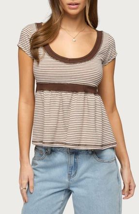 Edikted Sady Contrast Stripe Babydoll Top in Brown at Nordstrom, Size X-Small