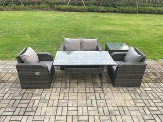 Fimous Outdoor Rattan Garden Furniture Lounge Sofa Set With Oblong Rectangular Dining Table 2 PC Reclining Chair in Dark Grey