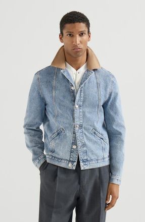 Brunello Cucinelli Denim outerwear jacket with suede collar in Light Denim at Nordstrom, Size 52 It