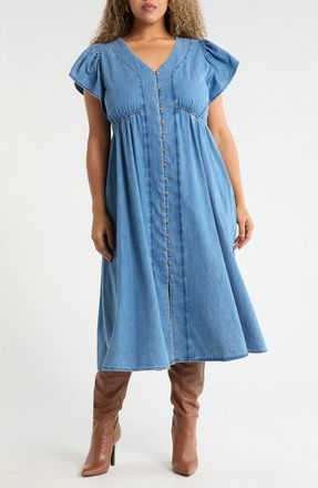 Treasure & Bond Flutter Sleeve Chambray Midi Dress in Light Blue Wash at Nordstrom, Size 1X