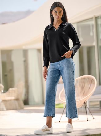 Heine Sweatshirt HEINE, Damen, Gr. 36, schwarz, 50% Modal, 44% Polyester, 6% Elasthan, unifarben, V-Ausschnitt, Sweatshirts Sweatshirt