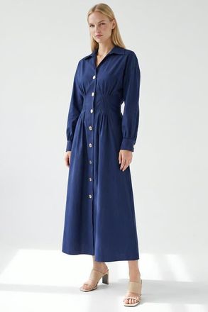 Exquise Delray Long Sleeve Buttoned Midi Dress in Navy at Nordstrom, Size X-Large