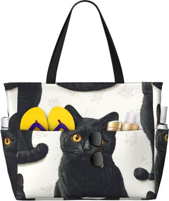 Generic Cute Cat Print Large Beach Bag Foldable Travel Shoulder Tote Bag With Pocket For Weekender Pool Vacation