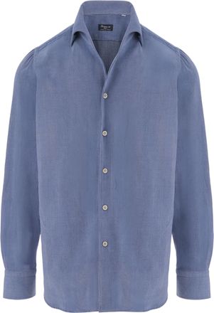 Finamore Blue Cotton-Blend Button-Down Curved Hem Shirt