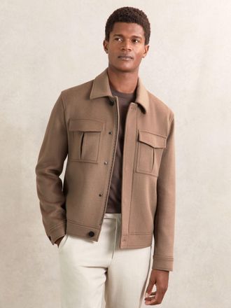 Reiss Dark Brown Wool Blend Twin Pocket Zipped Jacket, XL