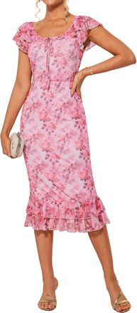 Grace Karin Women Summer U-Neck Casual Dress Ruffle Sleeve Dress Slim Fit Dress Fishtail Dress Floral Sundress Dress Pink Roses XL