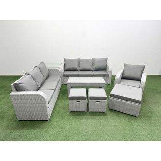 Fimous 10 Seater Poly Rattan Outdoor Garden Furniture Oblong Coffee Table Sofa Set Patio 3 Seater Sofa Reclining Chair 3 Seater Sofa 3 Stools 2 Side Table