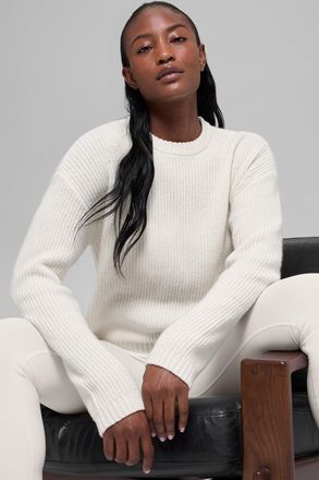 Alo | Wool Cashmere Ribbed Noble Crewneck Sweater Top in Ivory White, Size: Medium