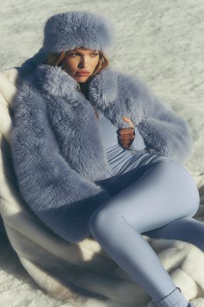 Alo | Opulent Faux Fur Cropped Jacket in Winter Frost Blue, Size: Medium