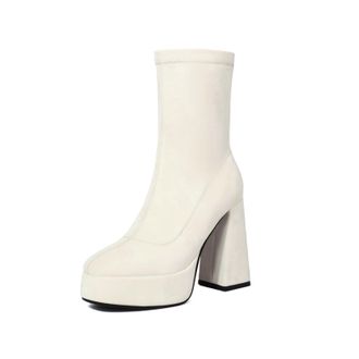 Generic Womens Retro Round Toe Ankle Boots With Stretch Fabric Thick Platform And High Chunky Block Heels Featuring Smooth Upper, Supportive Fit And Durable O