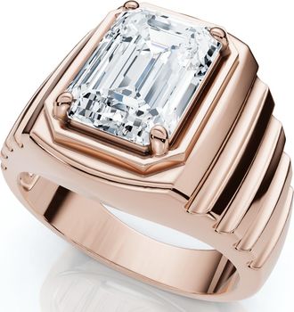 Pompeii3 Mens Certified 4Ct Emerald Cut Diamond Ring Ridged Gold Band Lab Grown
