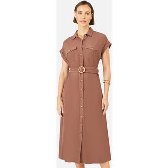 Yumi Viscose Linen Look Midi Shirt Dress in Brown at Nordstrom, Size 10