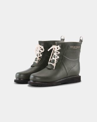 Ilse Jacobsen Rub Womens Laced Short Rubber Boots - Army 410 Logo Detail in Dark Green Wellington - Size UK 5