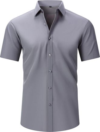 Generic Zealburst Shirts Stretch Non-Iron Anti-Wrinkle Shirt Mens Cotton Linen Short Sleeve Button Shirts Summer Beach Vacation Tops (Gray,M)