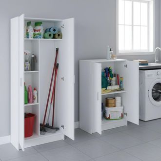 Dmora Juego De Muebles Para Lavander&iacute;a Ornago, Set De Almacenaje 4 Estantes, 7 Compartimentos, Puertas Abatibles, Blanco