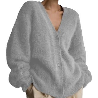 Generic Womens Fuzzy Mohair Cardigan Sweater Elegant V Neck Long Sleeve Solid Color Button down Coats 2025 Fall Slouchy Furry Knit Sweaters Grey XL
