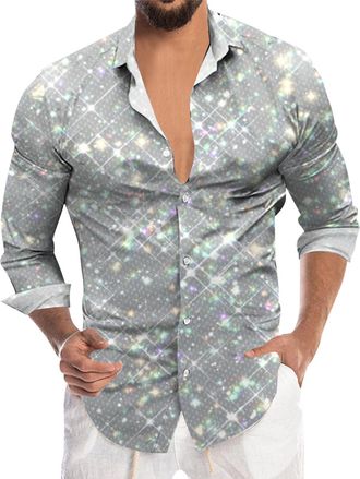 Generic Sequin Shirt Men Mens Sparkly Shirt 70S Carnival Shirts Long Sleeve Shiny Business Casual Shirts Men Carnival Costume Disco Ball Night Club Music Fest