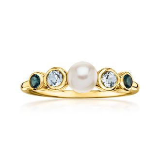 Ross-Simons 5-5.5mm Cultured Pearl Ring With. Tonal Blue Topaz in 18kt Gold Over Sterling
