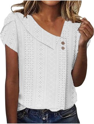 Generic Summer Tops for Women UK Trendy Short Sleeve Shirts Eyelet Tunic Blouses Casual Button V Neck T-Shirts Plus Size Loose Fit Pullover Basic Cute Tees Ca