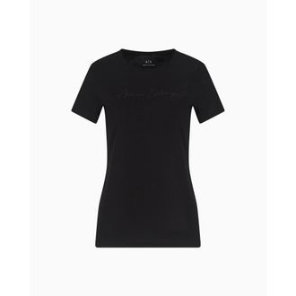 A|X Armani Exchange Womens Black Monochromatic Signature Logo Tee, Size Large