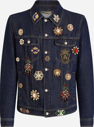 Dolce & Gabbana Cotton Denim Jacket With Bejeweled Detailing - Man Denim Multi-colored 48