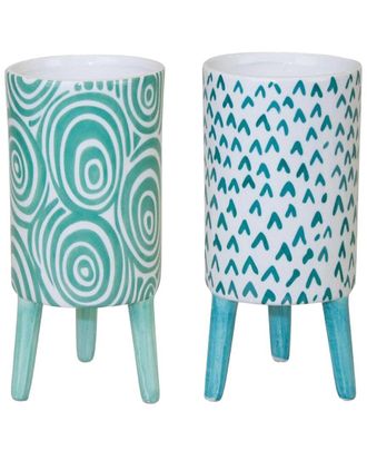 Melrose International Set Of 2 Blue Patterned Pot With Legs