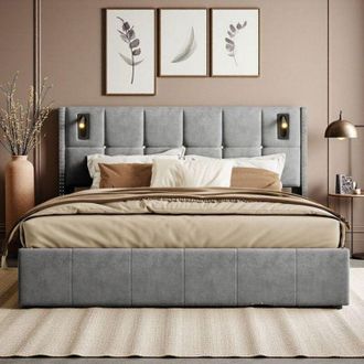 OEM Cama Doble 140x200 Con Somier Y Cama Cofre Ahorro De Espacio Hidr&aacute;ulico 3 Puertos De Carga Terciopelo Gris Oeko-tex