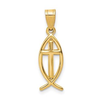 Diamond2Deal 14k Yellow Gold Cross Ichthus Fish Pendant