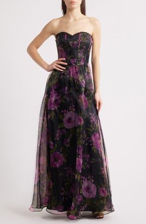 Lulus Hadley Floral Print Strapless Gown in Black/Fuchsia Multi at Nordstrom, Size X-Small