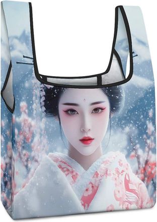 Generic Geisha Snowy Fuji-mountain Cherries Blossoming Reusable Shopping Bags Lightweight Foldable Grocery Bag Polyester Washable Tote Bag