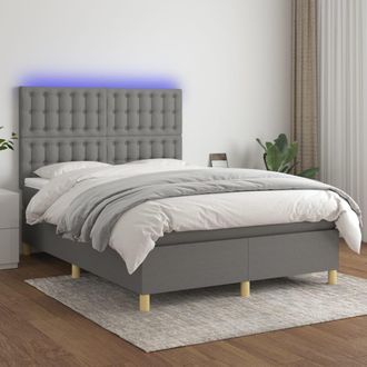 vidaXL Cama Box Spring Colch&oacute;n Y Luces Led Tela Gris Oscuro 140x200 Cm Vidaxl