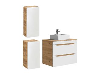 Vente-Unique Mueble de ba&ntilde;o flotante con lavabo sobre encimera y dos columnas - Color natural y blanco - 80 cm - ARUBA