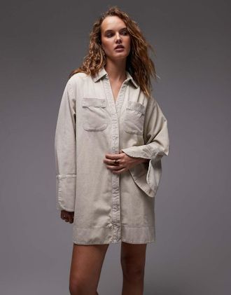 Asos Vestito camicia corto in tessuto a coste color pietra con polsini ampi e tasche oversize-Multicolore