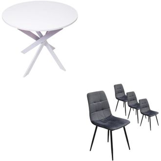 Skraut Home Skraut Home - Set Mobili, Pack di 4 sedie da pranzo, Sedia imbottita, Tavolo fisso rotondo, Bianco, Gambe bianche