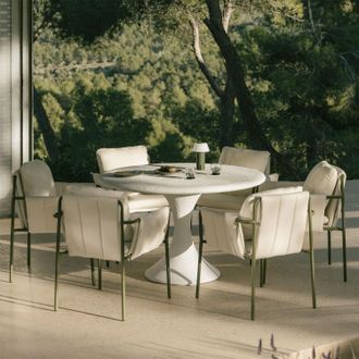 Sklum Set De Mesa Redonda &Oslash;120 Cm En Cemento Eloria Y 6 Sillas De Jard&iacute;n Con Reposabrazos Tapizadas Y En Acero Zunika Sklum