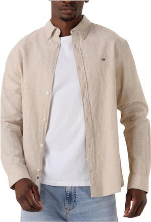 Tommy Jeans Overhemden, Heren, Beige, S, Linnen, Beige Linnen Blend Casual Overhemd
