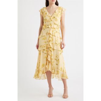 CeCe by Cynthia Steffe Print Ruffle Midi Dress in Golden Haze at Nordstrom, Size 10