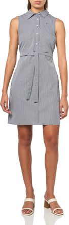 Tommy Hilfiger Womens Sleeveless Collared Button Front Tie Waist Mini Shirt Dress Casual, Sky Captain/Bright White, 12