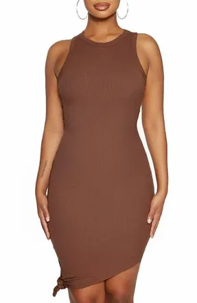 Naked Wardrobe Side Tie Asymmetric Hem Tank Dress in Chocolate at Nordstrom, Size Small