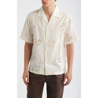 Nn.07 Ben Embroidered Detail Organic Cotton Camp Shirt in Ivory at Nordstrom, Size Xx-Large