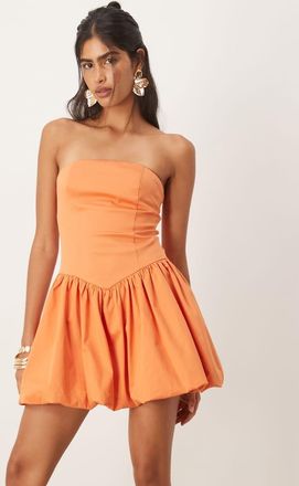 Mango Vestito corto in misto cotone arancione a fascia con vita scesa e fondo a palloncino