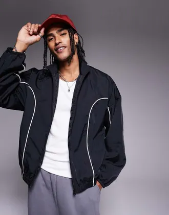 Asos oversized track jacket in black with contrast piping