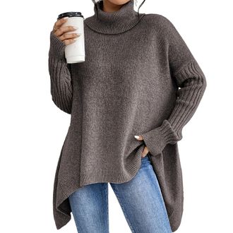 Generic Womens Fashion Solid Color Turtleneck Sweater, Oversized Drop Shoulder Asymmetrical Hem Sweater, Casual Pullover Tops (M,Brown)