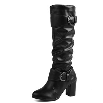 Generic MiaZane Womens Knee High Boots Slouchy Design with Double Buckle Straps Block Heel Side Zipper for Fall Casual Fashion,Black,4.5 UK