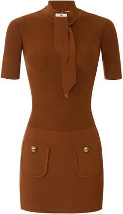 Elisabetta Franchi Gebreide jurk met juwelenknopen - Dames - Kleedjes - Bruin - M - Polyester - Kleedjes