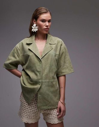 Topshop real suede resort shirt in khaki - part of a set-Green
