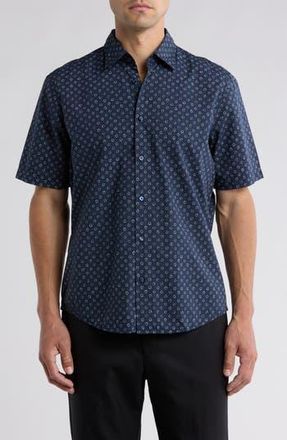 BOSS Rash Print Cotton Short Sleeve Button-Up Shirt in Dark Blue at Nordstrom Rack, Size Medium