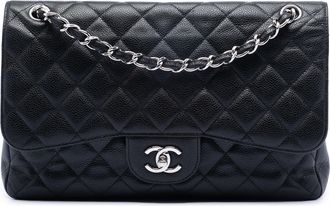 Chanel Pre-owned Womens Jumbo Classic Caviar Double Flap - Black Leather - One Size